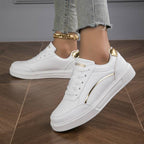 Orthopaedic Women's PU Leather Sneakers with Gold or Silver Accents for Everyday Wear | White