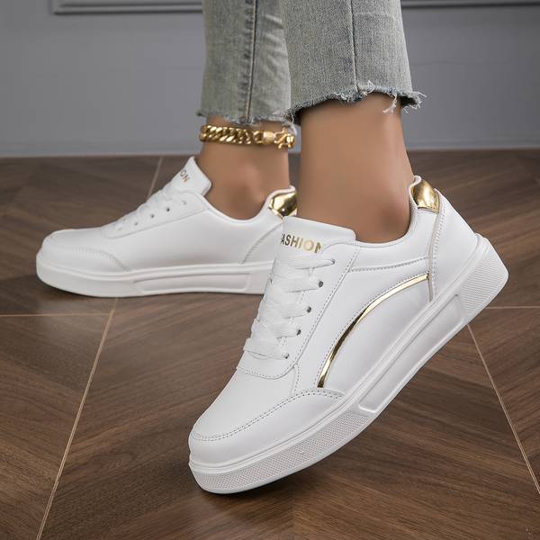 Orthopaedic Women's PU Leather Sneakers with Gold or Silver Accents for Everyday Wear | White
