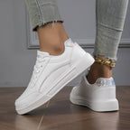 Orthopaedic Women's PU Leather Sneakers with Gold or Silver Accents for Everyday Wear | White