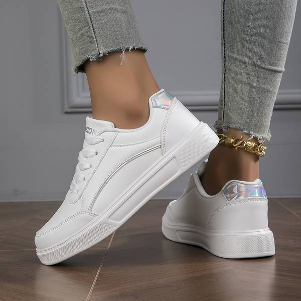 Orthopaedic Women's PU Leather Sneakers with Gold or Silver Accents for Everyday Wear | White
