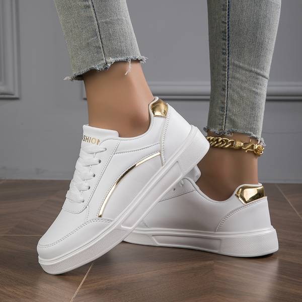 Orthopaedic Women's PU Leather Sneakers with Gold or Silver Accents for Everyday Wear | White