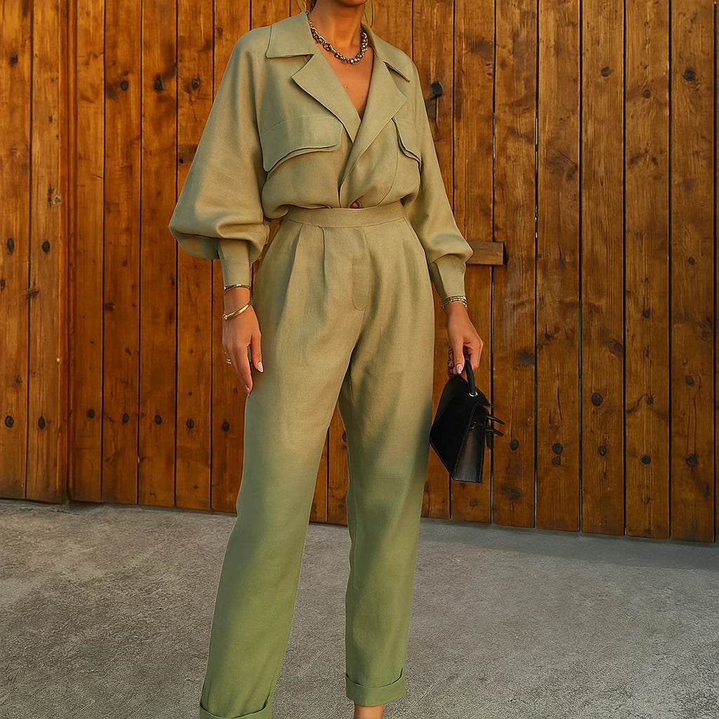 Women's Linen Look Two-Piece Set – Draped Lapel Top & Tapered Trousers | Olive Green