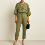 Women's Linen Look Two-Piece Set – Draped Lapel Top & Tapered Trousers | Olive Green