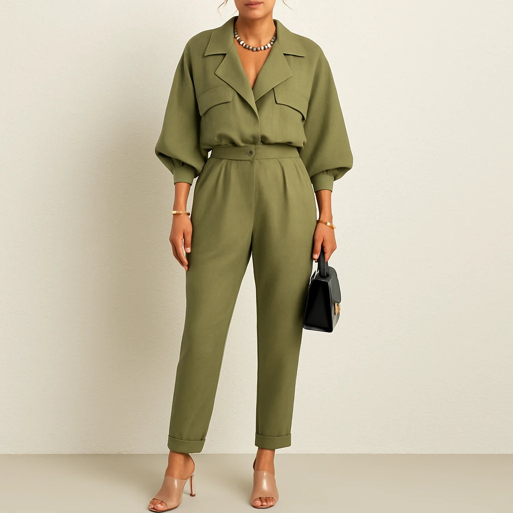 Women's Linen Look Two-Piece Set – Draped Lapel Top & Tapered Trousers | Olive Green