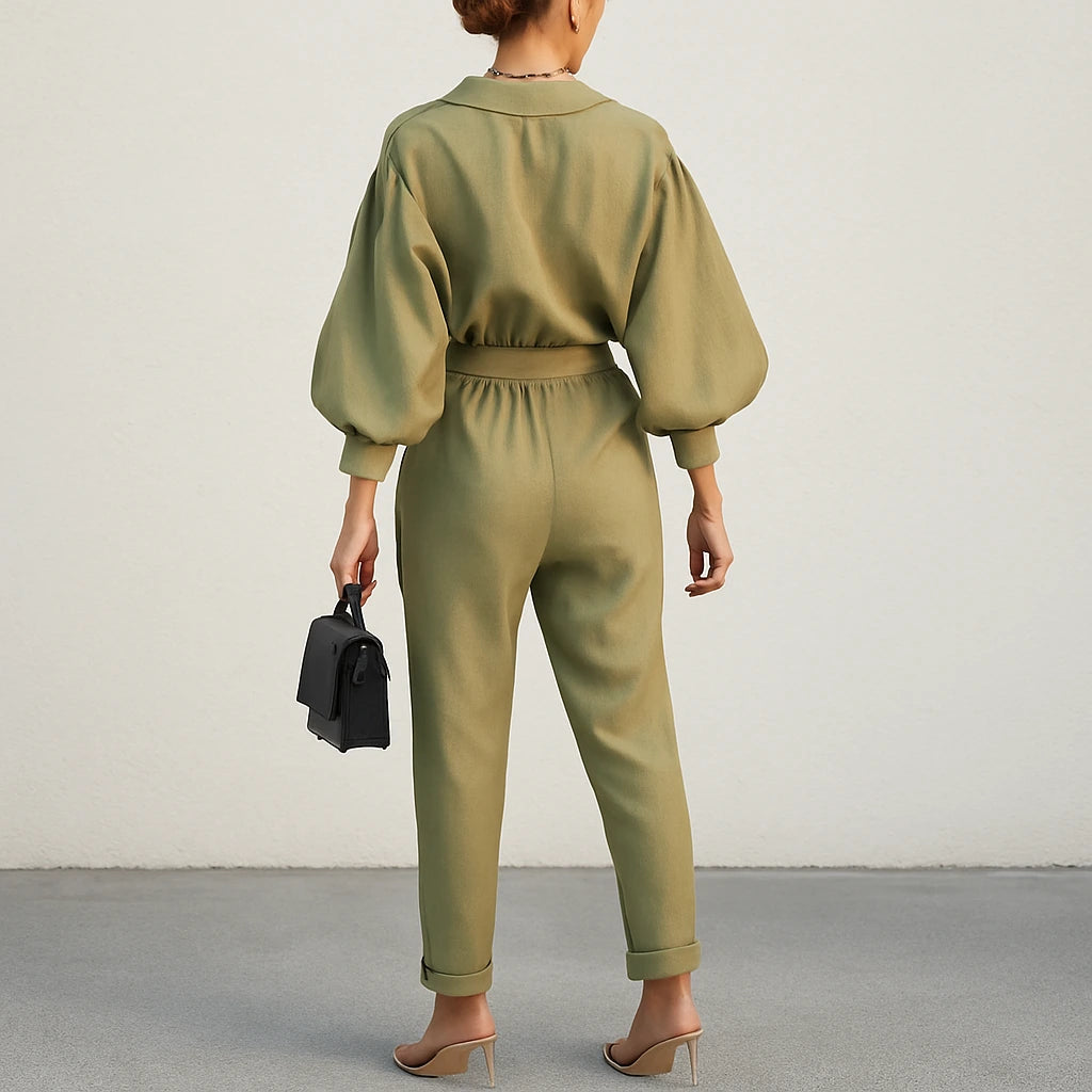 Women's Linen Look Two-Piece Set – Draped Lapel Top & Tapered Trousers | Olive Green