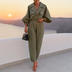 Women's Linen Look Two-Piece Set – Draped Lapel Top & Tapered Trousers | Olive Green