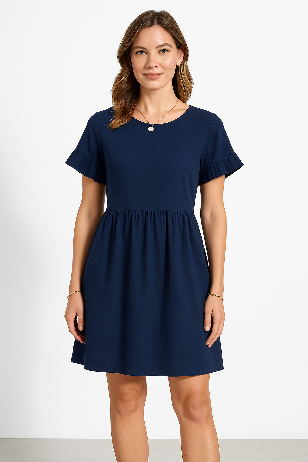 Women's A-Line Cotton Linen Blend Dress with Ruffle Sleeves, Loose Fit Navy