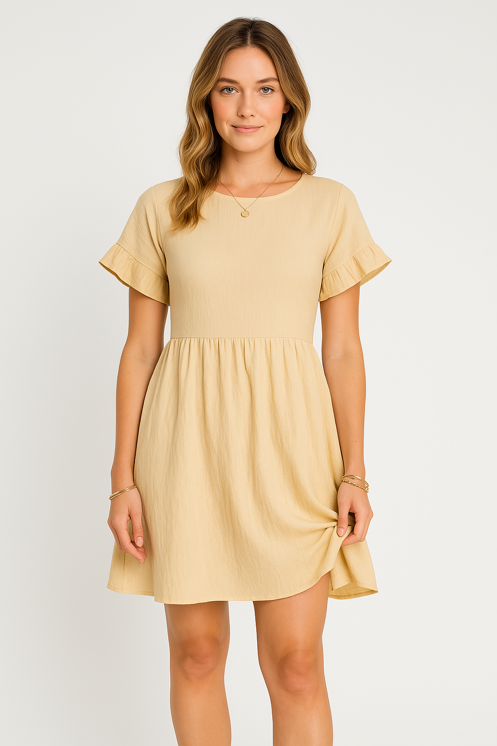 Women's A-Line Cotton Linen Blend Dress with Ruffle Sleeves, Loose Fit Beige