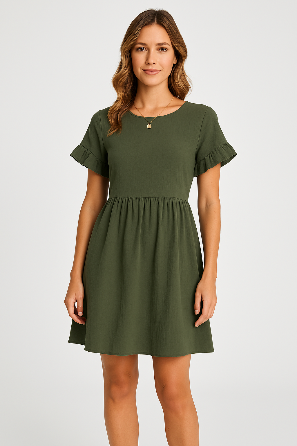 Women's A-Line Cotton Linen Blend Dress with Ruffle Sleeves, Loose Fit Green
