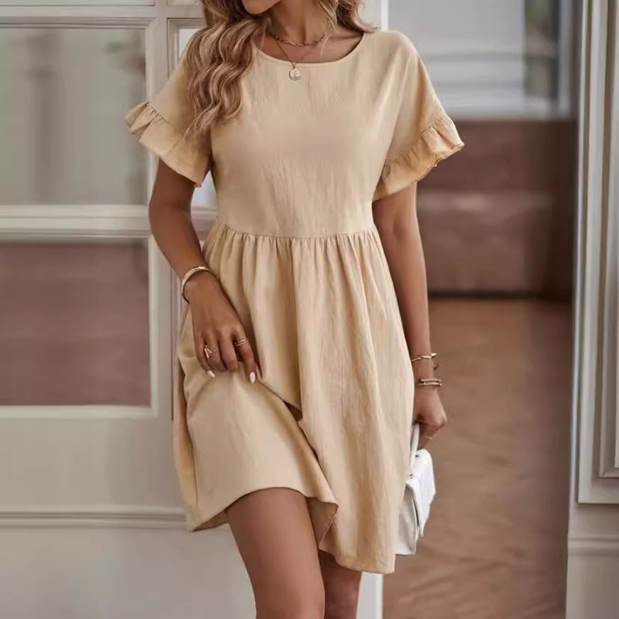 Women's A-Line Cotton Linen Blend Dress with Ruffle Sleeves, Loose Fit