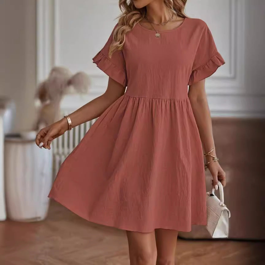 Women's A-Line Cotton Linen Blend Dress with Ruffle Sleeves, Loose Fit