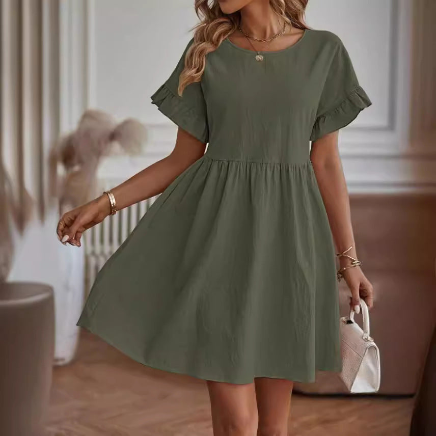 Women's A-Line Cotton Linen Blend Dress with Ruffle Sleeves, Loose Fit