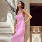 Women's A-Line Cotton Linen Blend Sundress - Flowy Full Length, Adjustable Straps