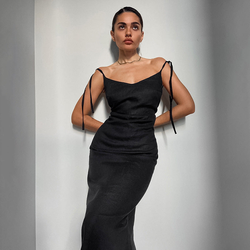 Women's A-Line Cotton Linen Blend Sundress - Flowy Full Length, Adjustable Straps Black