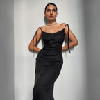 Women's A-Line Cotton Linen Blend Sundress - Flowy Full Length, Adjustable Straps Black