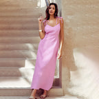 Women's A-Line Cotton Linen Blend Sundress - Flowy Full Length, Adjustable Straps Pink