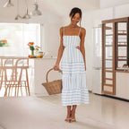 Women's A-Line Midi Dress White - Cotton Linen, Spaghetti Straps, Cut-Out Waist