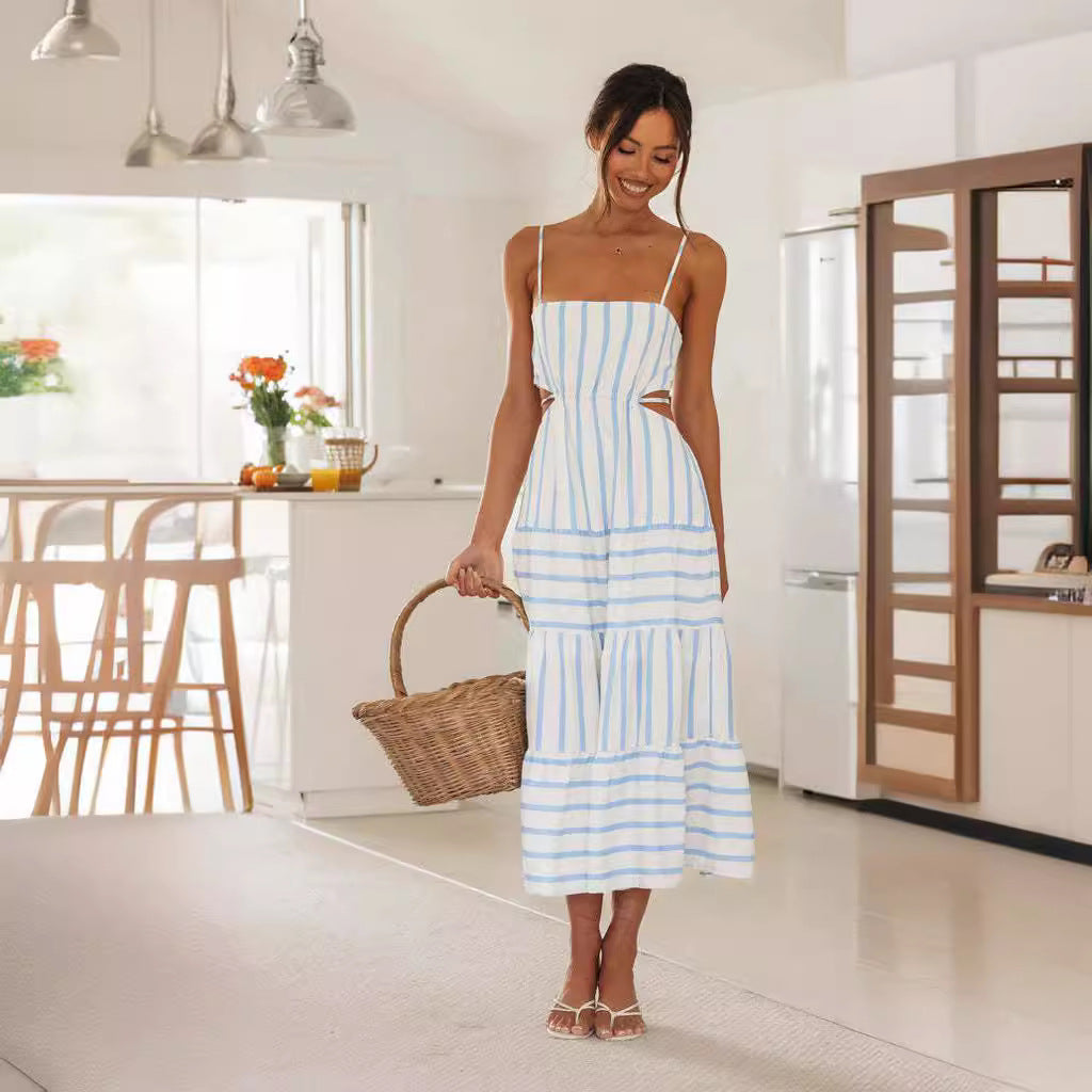 Women's A-Line Midi Dress White - Cotton Linen, Spaghetti Straps, Cut-Out Waist