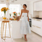 Women's A-Line Midi Dress White - Cotton Linen, Spaghetti Straps, Cut-Out Waist