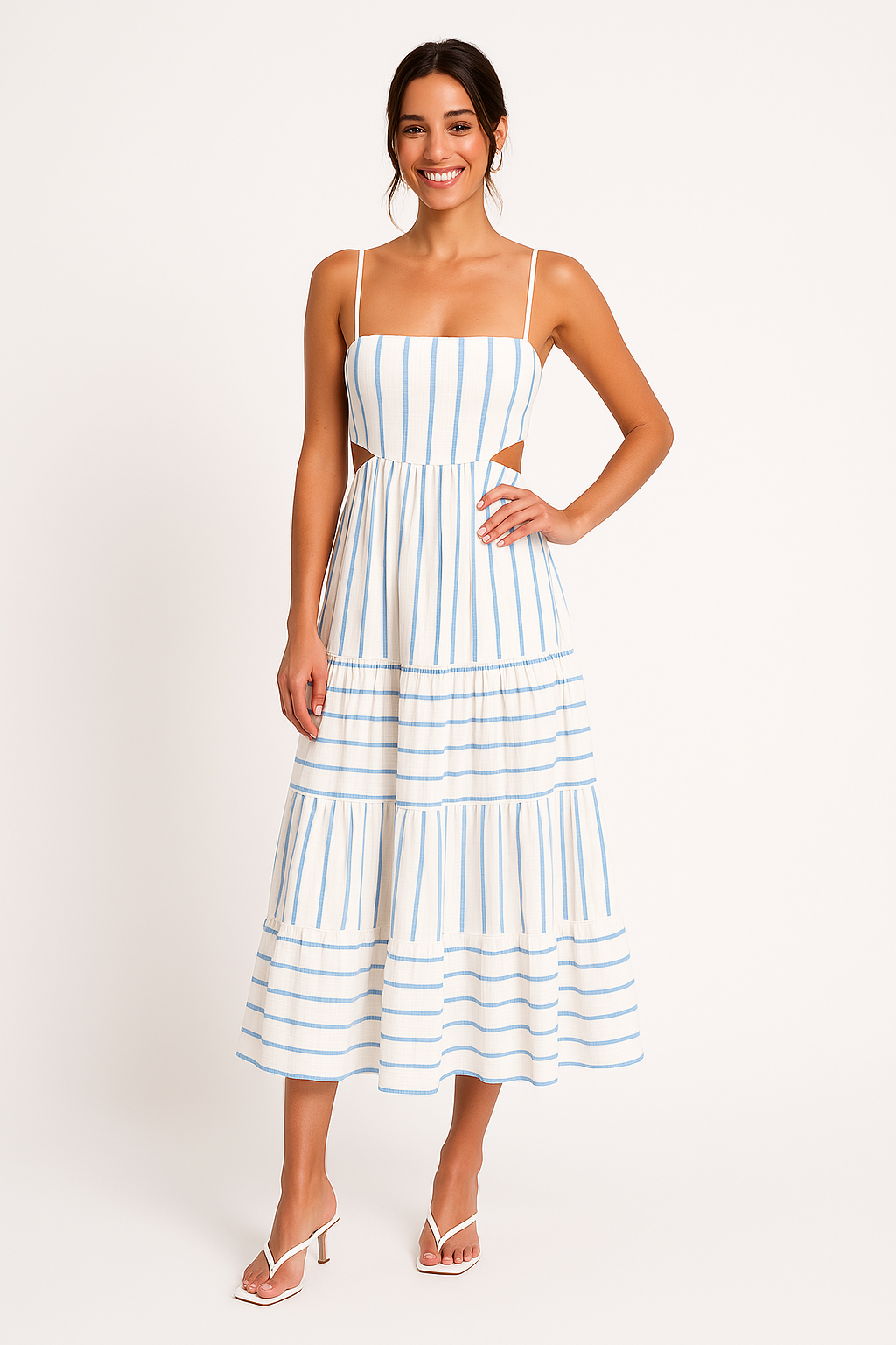 Women's A-Line Midi Dress White - Cotton Linen, Spaghetti Straps, Cut-Out Waist