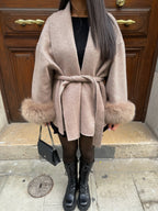 Women's Belted Faux Fur Cuff Coat — Elegant Wool-Blend Wrap Winter Jacket