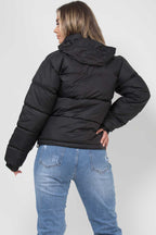 Women's Black Puffer Jacket - Weather-Resistant Zip Coat with Concealed Hood & Adjustable Hem