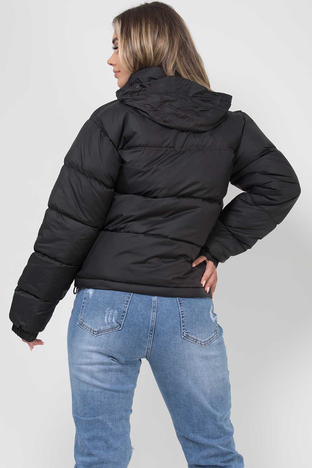 Women's Black Puffer Jacket - Weather-Resistant Zip Coat with Concealed Hood & Adjustable Hem