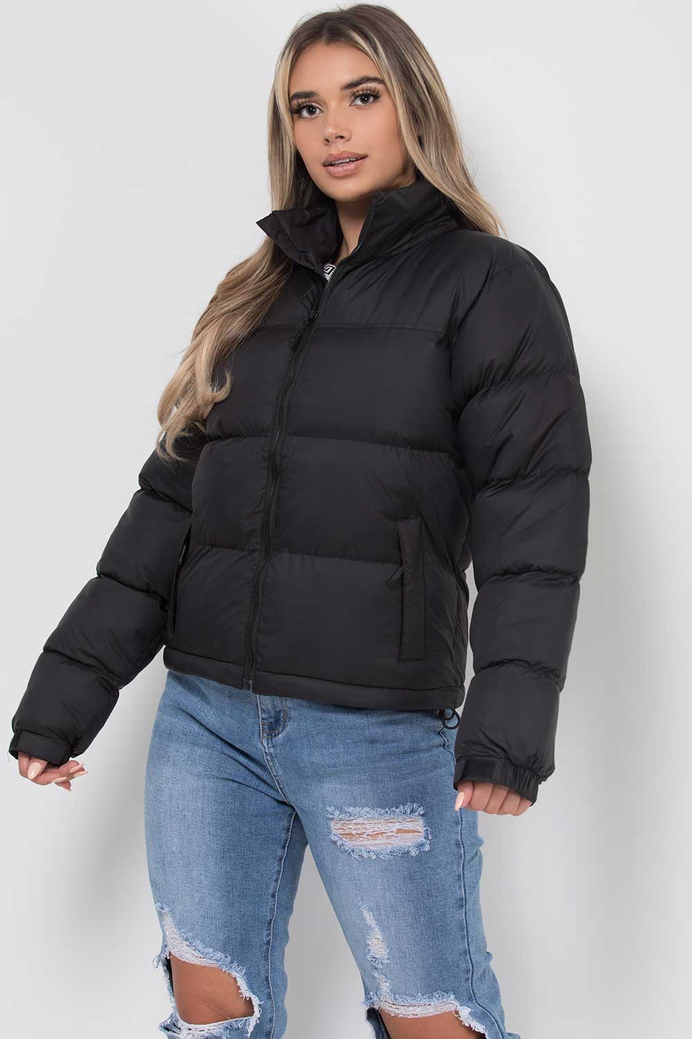 Women's Black Puffer Jacket - Weather-Resistant Zip Coat with Concealed Hood & Adjustable Hem
