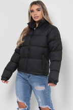 Women's Black Puffer Jacket - Weather-Resistant Zip Coat with Concealed Hood & Adjustable Hem