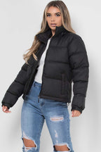 Women's Black Puffer Jacket - Weather-Resistant Zip Coat with Concealed Hood & Adjustable Hem