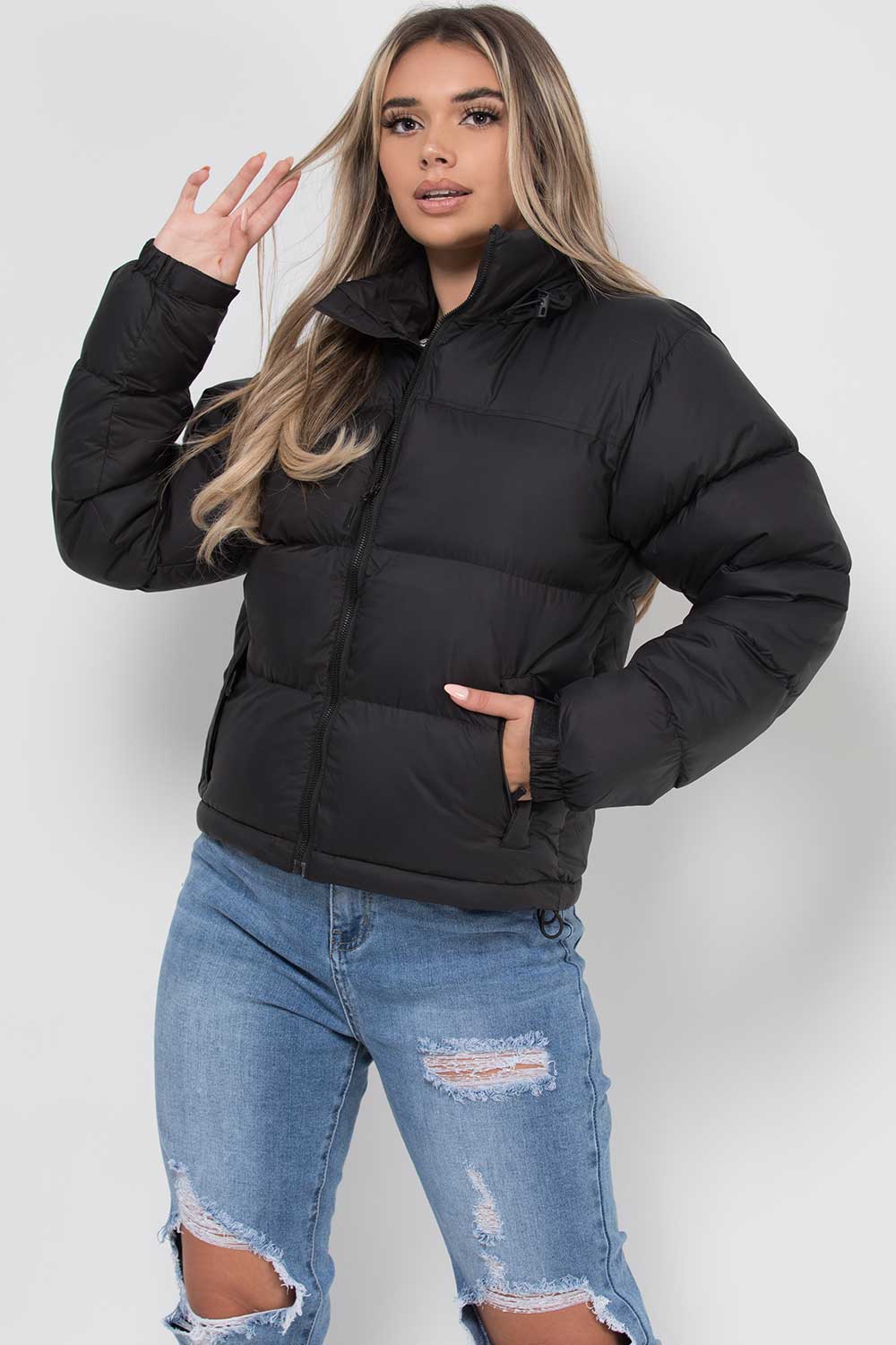 Women's Black Puffer Jacket - Weather-Resistant Zip Coat with Concealed Hood & Adjustable Hem