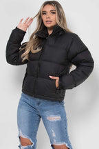 Women's Black Puffer Jacket - Weather-Resistant Zip Coat with Concealed Hood & Adjustable Hem