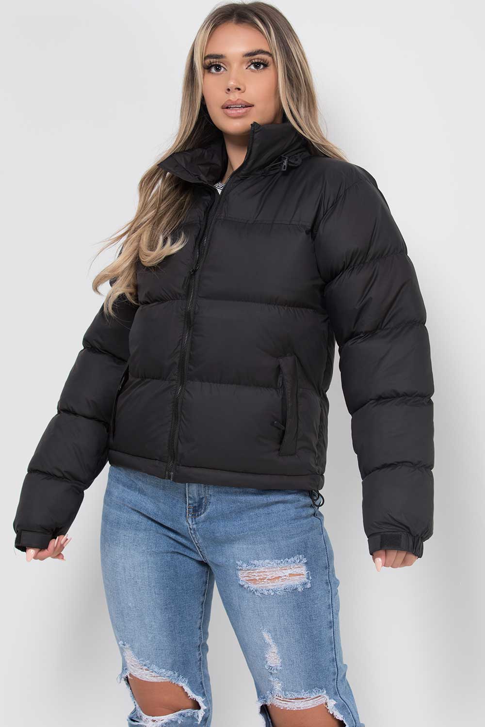 Women's Black Puffer Jacket - Weather-Resistant Zip Coat with Concealed Hood & Adjustable Hem