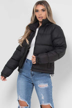 Women's Black Puffer Jacket - Weather-Resistant Zip Coat with Concealed Hood & Adjustable Hem