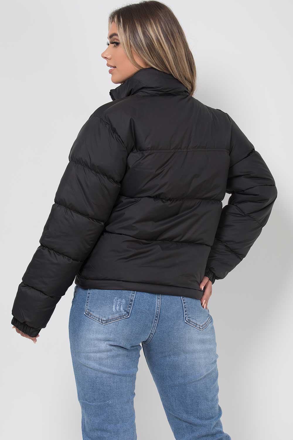 Women's Black Puffer Jacket - Weather-Resistant Zip Coat with Concealed Hood & Adjustable Hem