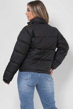 Women's Black Puffer Jacket - Weather-Resistant Zip Coat with Concealed Hood & Adjustable Hem
