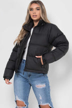 Women's Black Puffer Jacket - Weather-Resistant Zip Coat with Concealed Hood & Adjustable Hem