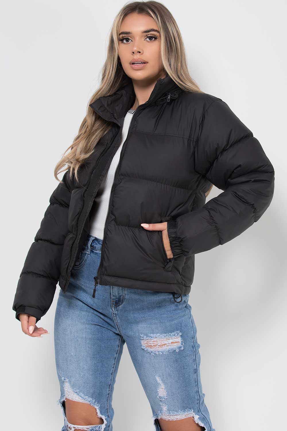 Women's Black Puffer Jacket - Weather-Resistant Zip Coat with Concealed Hood & Adjustable Hem