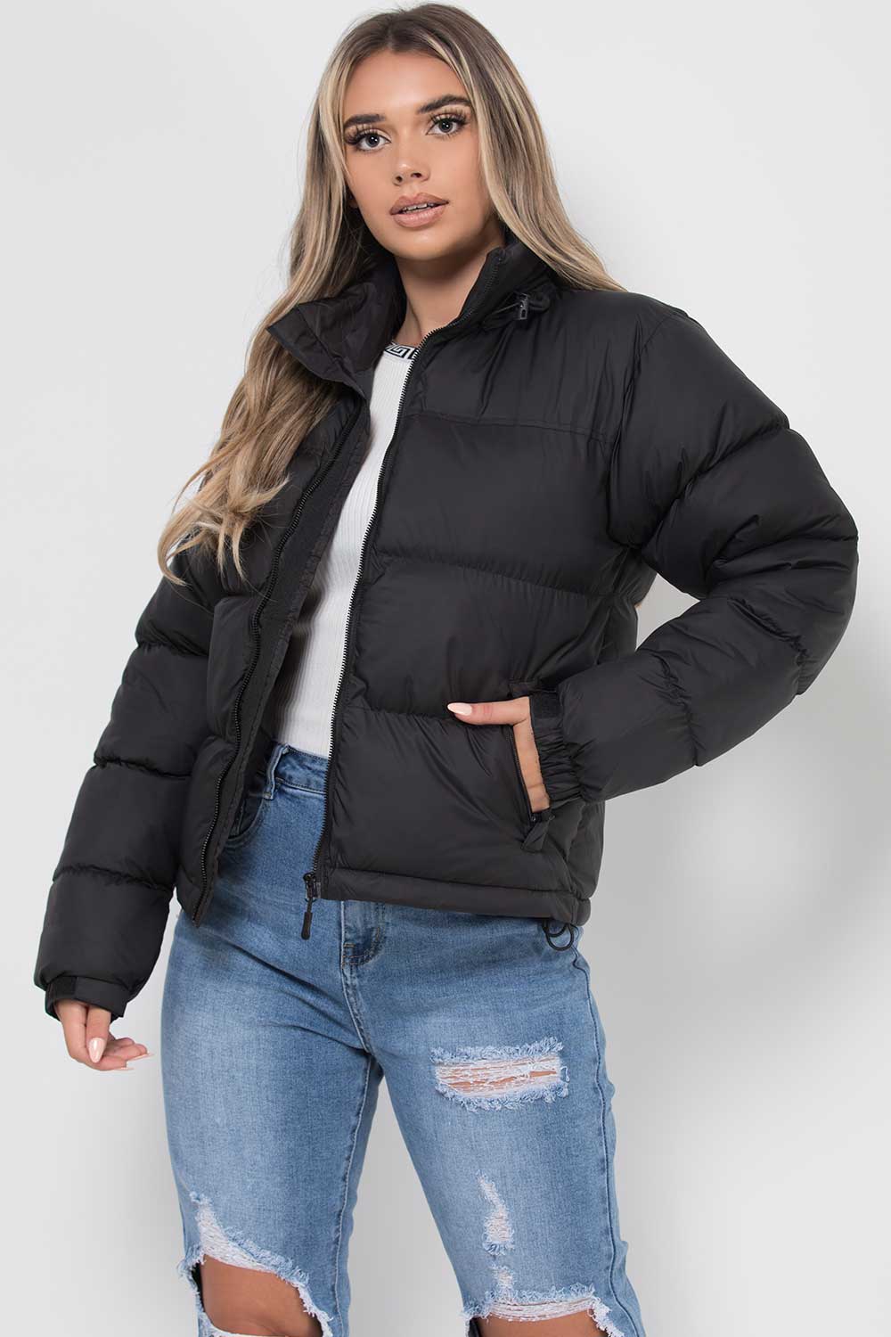Women's Black Puffer Jacket - Weather-Resistant Zip Coat with Concealed Hood & Adjustable Hem