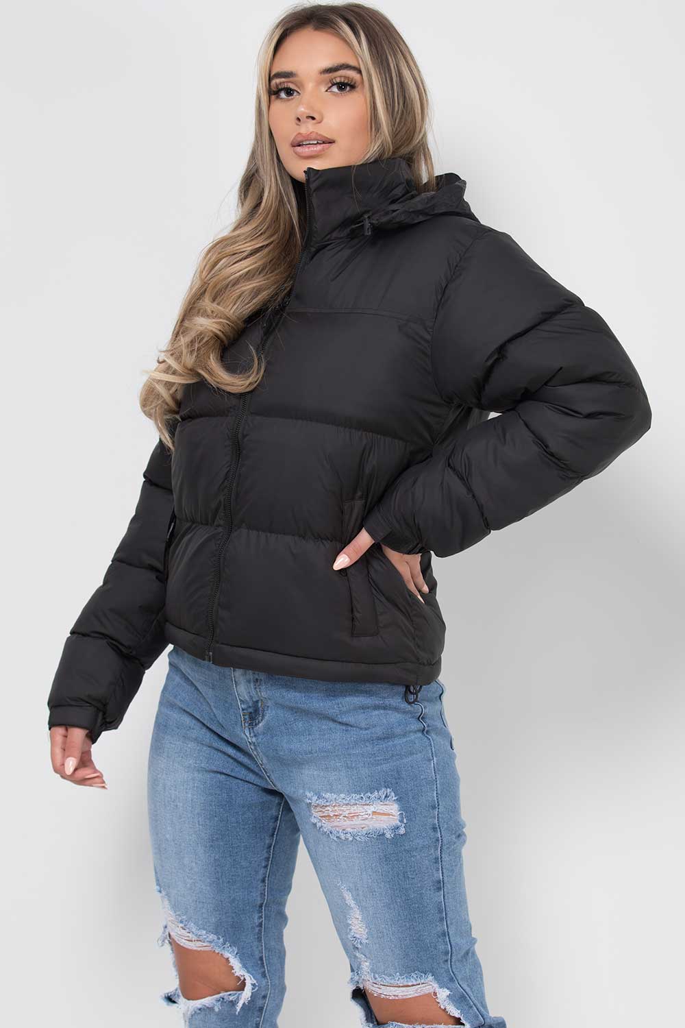 Women's Black Puffer Jacket - Weather-Resistant Zip Coat with Concealed Hood & Adjustable Hem