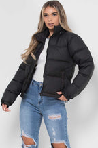 Women's Black Puffer Jacket - Weather-Resistant Zip Coat with Concealed Hood & Adjustable Hem