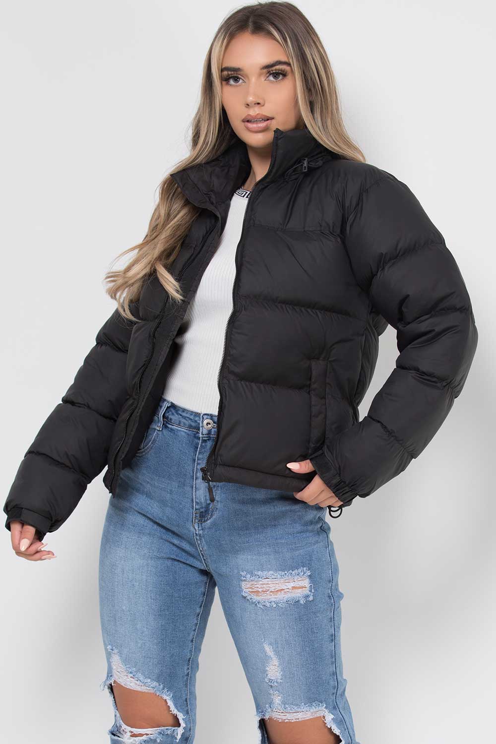 Women's Black Puffer Jacket - Weather-Resistant Zip Coat with Concealed Hood & Adjustable Hem