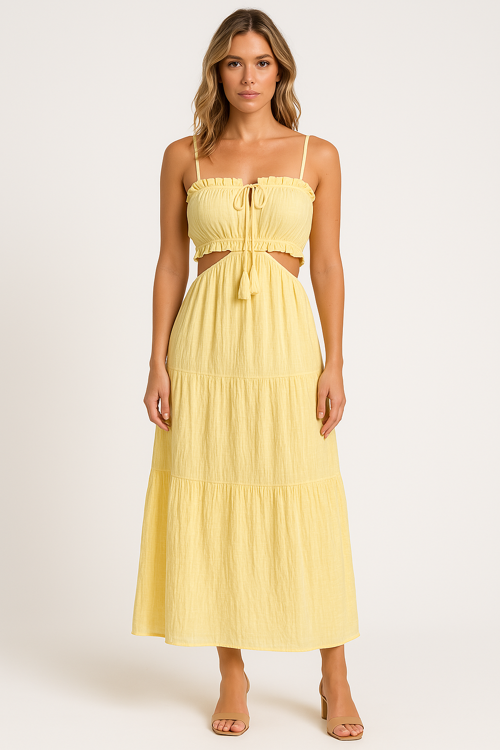 Women's Boho Maxi Sundress - Cotton-Linen, Spaghetti Straps, Tiered Design Yellow