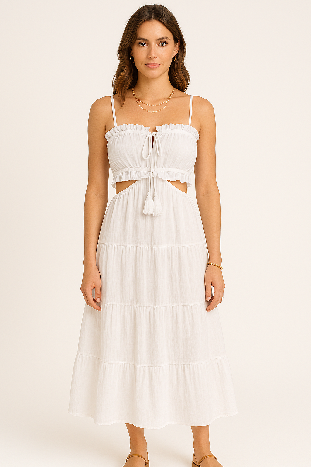 Women's Boho Maxi Sundress - Cotton-Linen, Spaghetti Straps, Tiered Design White
