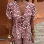 Women's Boho Two-Piece Linen Set - Puff Sleeve Top & Wide-Leg Trousers