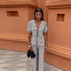 Women's Boho Two-Piece Linen Set - Puff Sleeve Top & Wide-Leg Trousers
