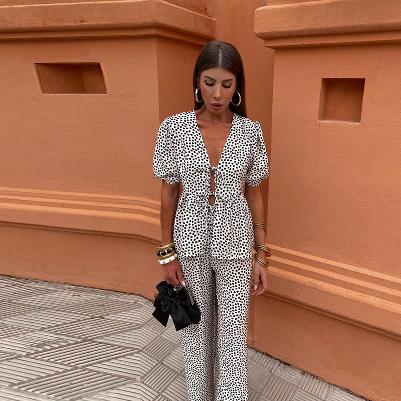 Women's Boho Two-Piece Linen Set - Puff Sleeve Top & Wide-Leg Trousers