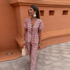 Women's Boho Two-Piece Linen Set - Puff Sleeve Top & Wide-Leg Trousers Pink