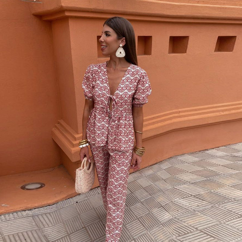Women's Boho Two-Piece Linen Set - Puff Sleeve Top & Wide-Leg Trousers Pink