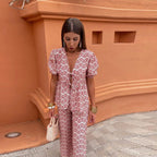 Women's Boho Two-Piece Linen Set - Puff Sleeve Top & Wide-Leg Trousers